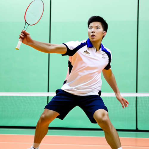 Home 18 A dynamic, athletic professional male badminton player, fully clothed in professional, modest athletic wear, captured mid-air in an explosive jump smash on a brightly lit indoor badminton court. His expression is focused and determined. The shuttlecock shows motion blur, emphasizing speed and power. The background features the clean lines of a modern sports facility. High-quality action photography, vibrant colors, perfect anatomy, correct proportions, natural pose, well-formed hands, proper finger count, natural body proportions, safe for work, appropriate content, fully clothed, professional dress.