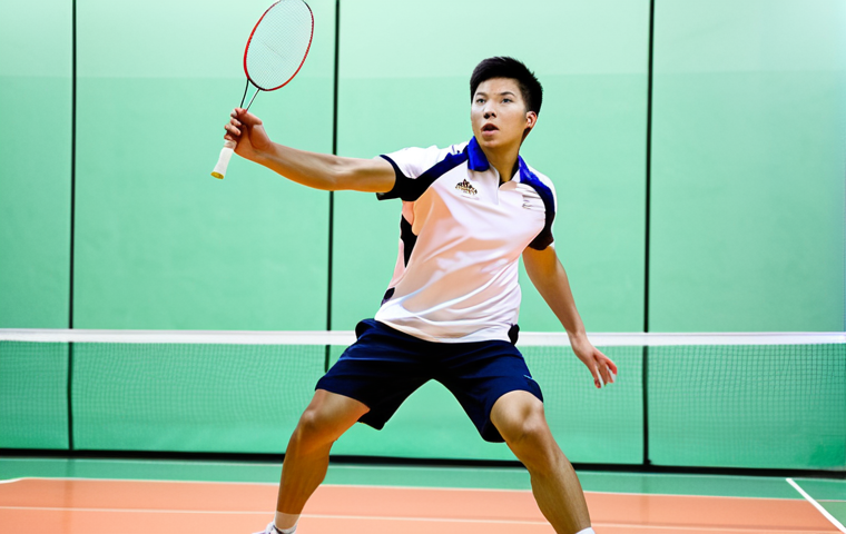 A dynamic, athletic professional male badminton player, fully clothed in professional, modest athletic wear, captured mid-air in an explosive jump smash on a brightly lit indoor badminton court. His expression is focused and determined. The shuttlecock shows motion blur, emphasizing speed and power. The background features the clean lines of a modern sports facility. High-quality action photography, vibrant colors, perfect anatomy, correct proportions, natural pose, well-formed hands, proper finger count, natural body proportions, safe for work, appropriate content, fully clothed, professional dress.