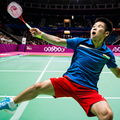 Home 17 An elite male Olympic badminton player wearing a vibrant, professional athletic uniform, captured mid-action, having just executed a powerful jump smash, with visible intense focus and agility. Racket extended, shuttlecock blurring near the net, demonstrating both explosive power and precise control. The scene is set on a brightly lit, pristine indoor badminton court within a grand Olympic arena, with a blurred, energetic crowd in the background. Professional sports photography, high-definition, dynamic action shot, natural pose, perfect anatomy, correct proportions, well-formed hands, proper finger count, natural body proportions, safe for work, appropriate content, fully clothed, modest clothing, family-friendly.