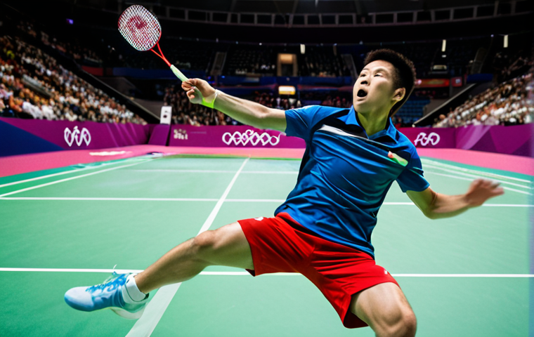 An elite male Olympic badminton player wearing a vibrant, professional athletic uniform, captured mid-action, having just executed a powerful jump smash, with visible intense focus and agility. Racket extended, shuttlecock blurring near the net, demonstrating both explosive power and precise control. The scene is set on a brightly lit, pristine indoor badminton court within a grand Olympic arena, with a blurred, energetic crowd in the background. Professional sports photography, high-definition, dynamic action shot, natural pose, perfect anatomy, correct proportions, well-formed hands, proper finger count, natural body proportions, safe for work, appropriate content, fully clothed, modest clothing, family-friendly.