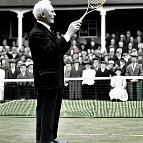 Home 10 Sir George Thomas, Early Badminton Champion**
"A vintage photograph of Sir George Thomas, a prominent badminton player from the early 20th century, wearing classic sporting attire (fully clothed, appropriate attire). He is holding a wooden badminton racket on a grass court. Background: A blurry image of spectators watching the match. black and white photography, professional, safe for work, appropriate content, modest, perfect anatomy, correct proportions, natural pose, well-formed hands, proper finger count, natural body proportions."
**